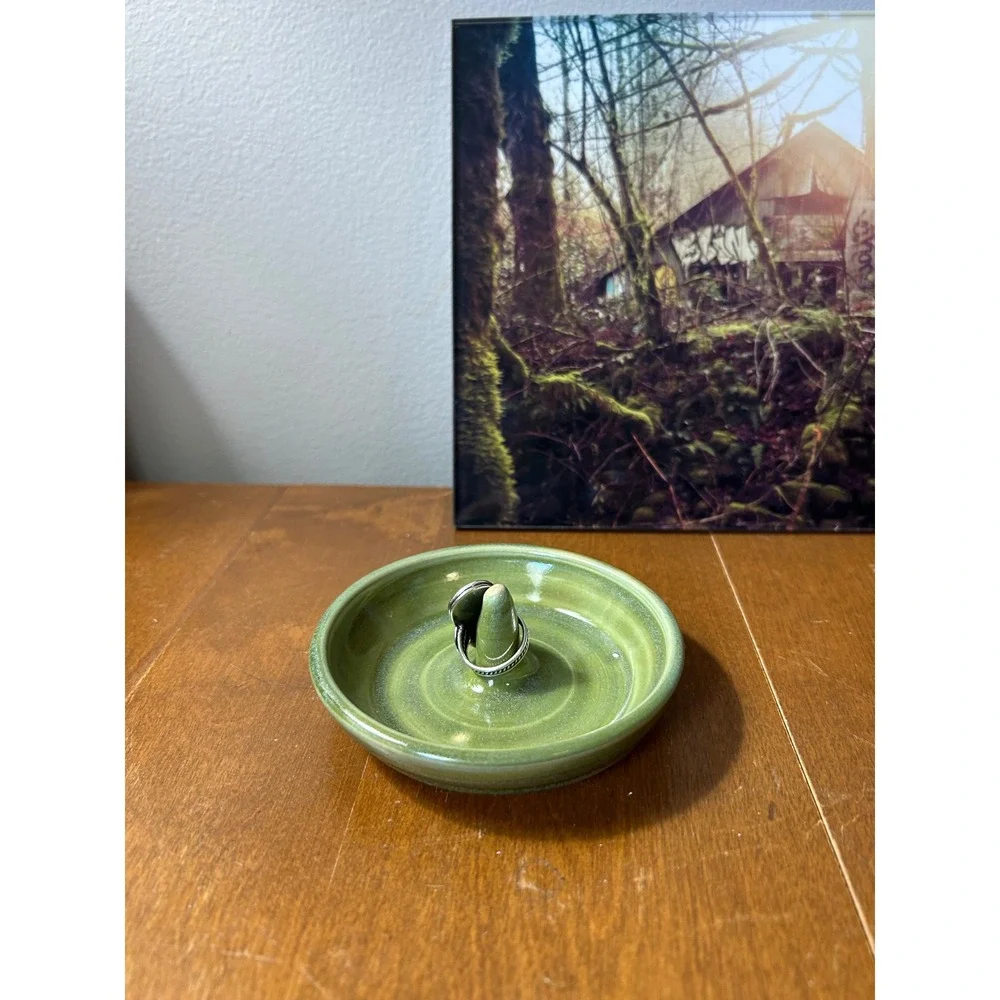 Studio Pottery Handmade Ceramic Ring Holder Dish Sage Green Glazed Signed SP
